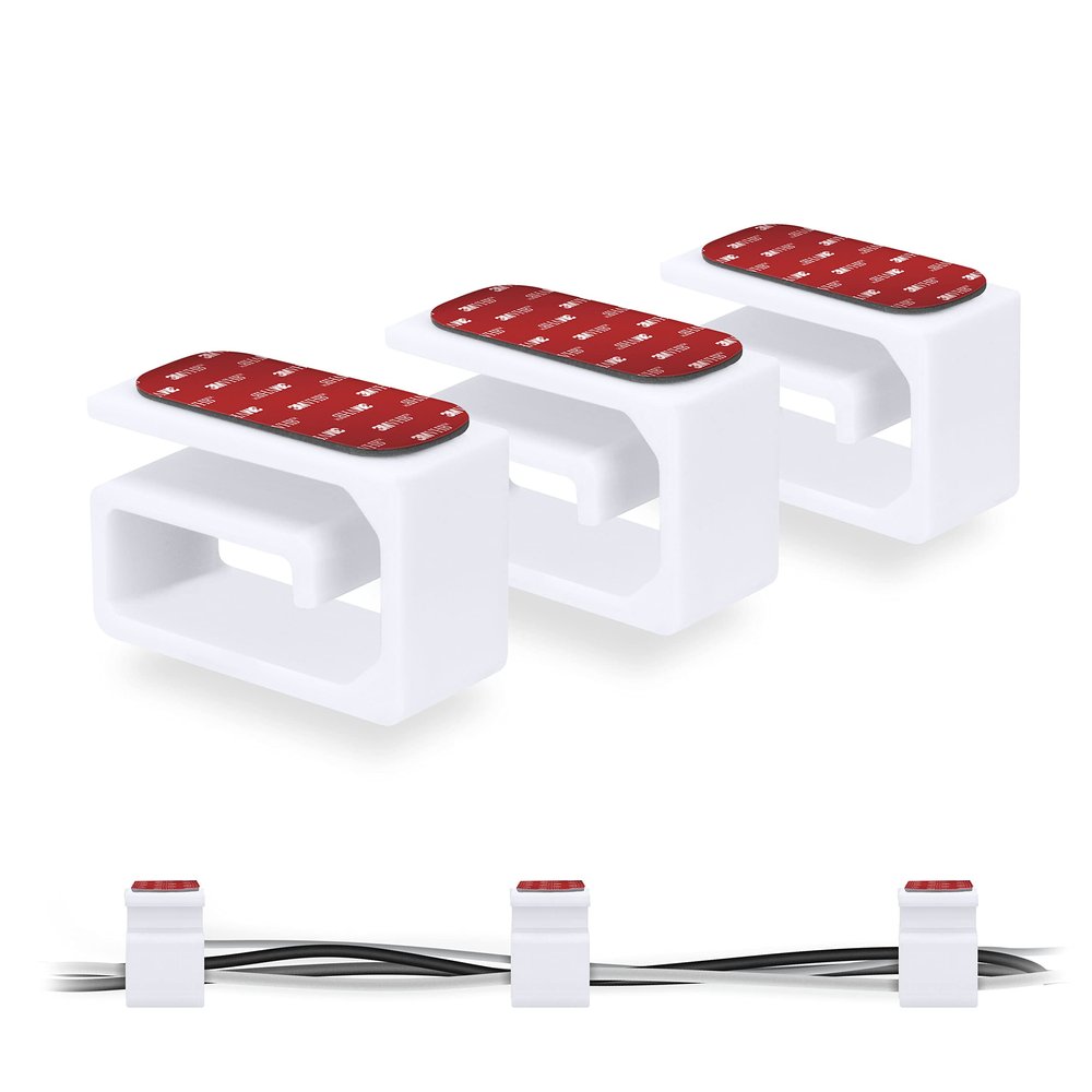 3pc VHB Adhesive Cable Organizer Holder, for Heavy Cables, PC Cords & Wires with Strong Adhesive, Under Desk Mount Management - Small (White)