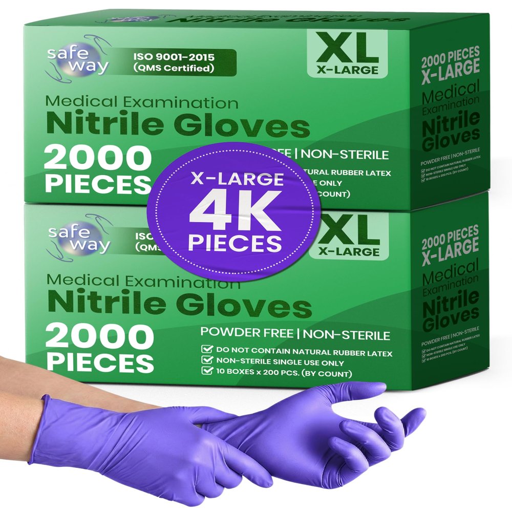 SAFEWAY USA 4000pcs, X-Large, Nitrile Disposable Gloves Multi-Purpose Powder-Free and Non-Latex Textured Fingertips for Medical Use, Nursing, Lab Works, Kitchen Prep, Cleaning, Tattooing & More