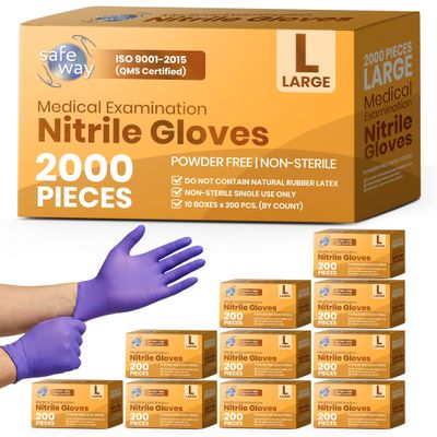 SAFEWAY USA 2000 pcs, Large, Nitrile Disposable Gloves Multi-Purpose Powder-Free and Non-Latex Textured Fingertips for Medical Use, Nursing, Lab Works, Kitchen Prep, Cleaning, Tattooing & More