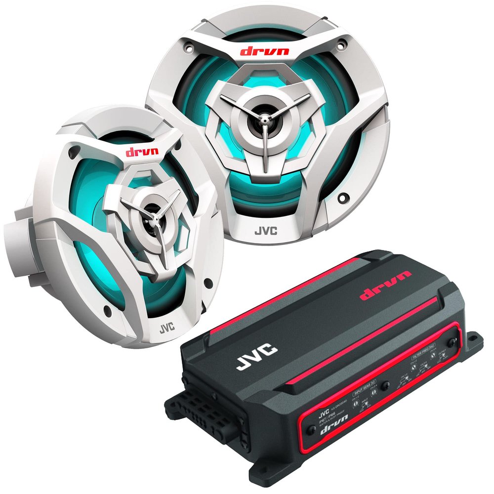 JVC KS-DR2004D 4-Channel Compact Digital Amplifier 50W RMS x 4 @ 4 ohms with 2 Pairs CS-DR621MWL 6.5" Marine Speakers w/White Grills and LED Lighting for Car, Marine, UTV and Motorcycle