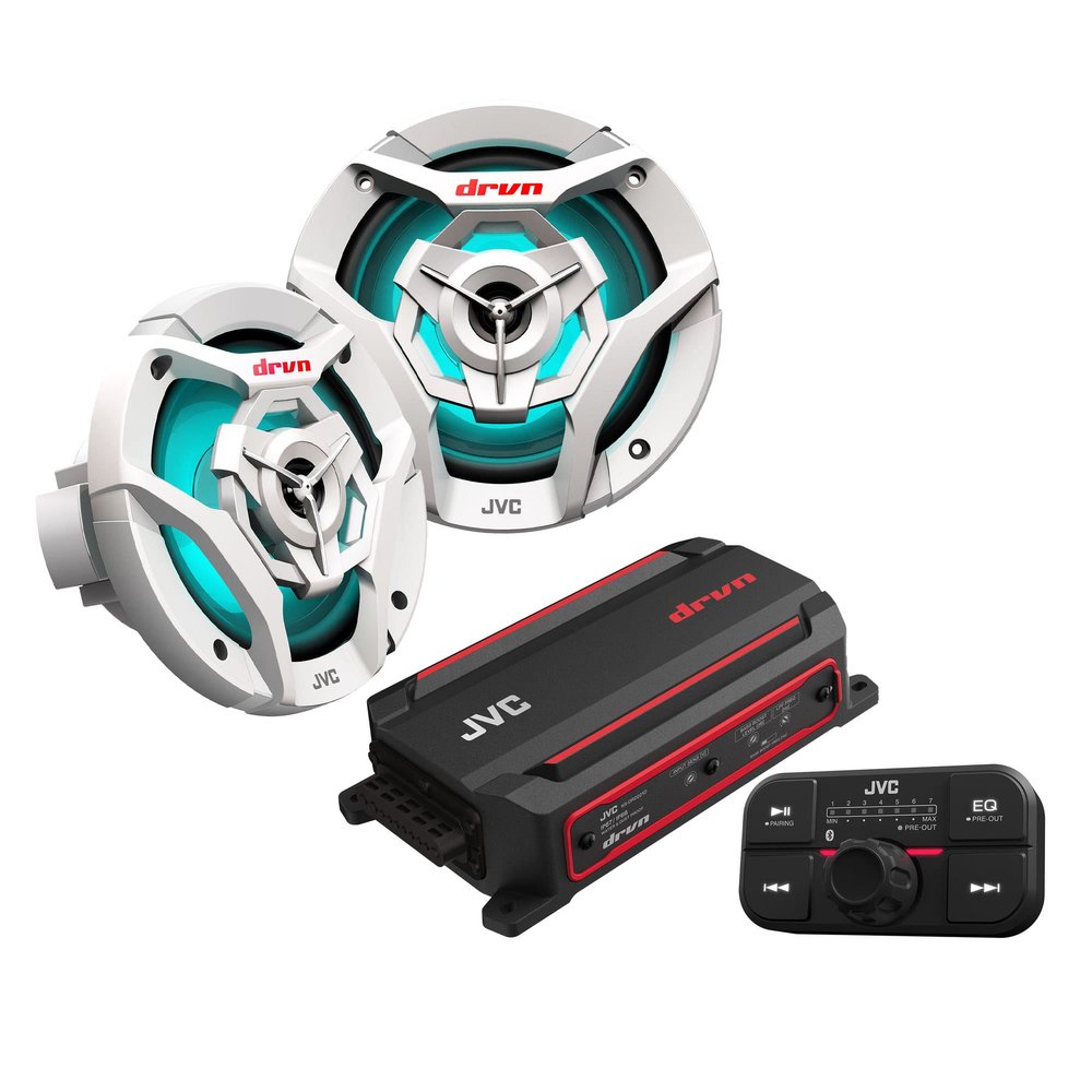 JVC KS-DR2104DBT Bluetooth 4-Channel Compact Digital Amplifier 50W RMS x 4 @ 4 ohms with 2 Pairs CS-DR621MWL 6.5" Marine Speakers w/White Grills and LED Lighting for Car, Marine, UTV and Motorcycle