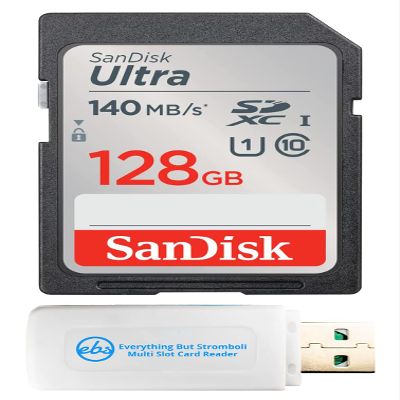 SanDisk Ultra SD 128GB Memory Card Works with Panasonic Mirrorless Camera Lumix DC-S5II and Lumix DC-S5IIX (SDSDUN4-128G-GN6IN) C10 Bundle with 1 Everything But Stromboli 3.0 Micro & SDXC Card Reader