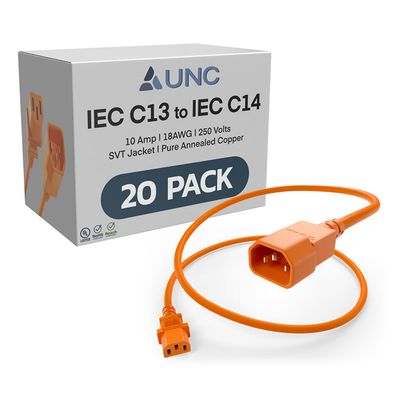 20 Pack UNC 8ft PDU Power Cable C13 to C14 10Amp 18AWG 250V SVT Jacket UL Listed, Orange, 8 Foot