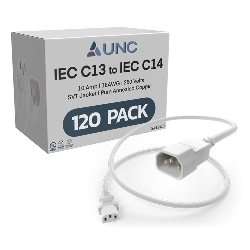 120 Pack UNC 2ft PDU Power Cable C13 to C14 10Amp 18AWG 250V SVT Jacket UL Listed, White, 2 Foot