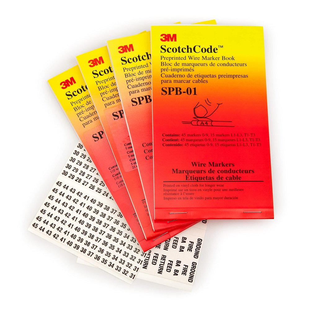 3M ScotchCode Pre-Printed Wire Marker Book SPB-09, Black Print on a White Background Highlights The Characters
