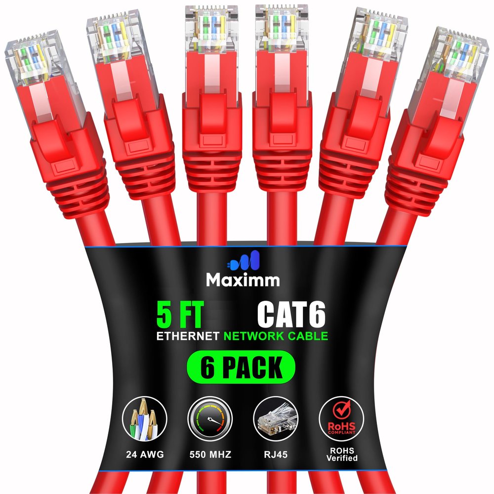 Maximm Cat 6 Ethernet Cable 5 ft (6-Pack) - High-Speed LAN Cable, Internet Cable, Patch Cable, and Network Cable - UTP, 10Gbps, 550MHz Ethernet Cord - Red