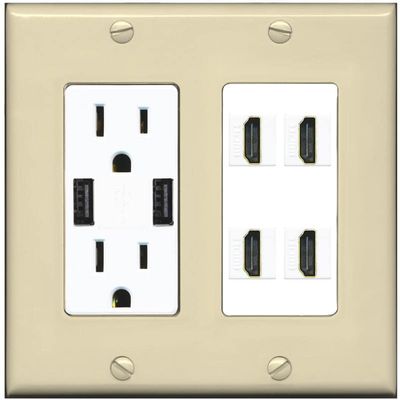 RiteAV 4 Port HDMI Wall Plate - USB Outlet [Ivory/White]