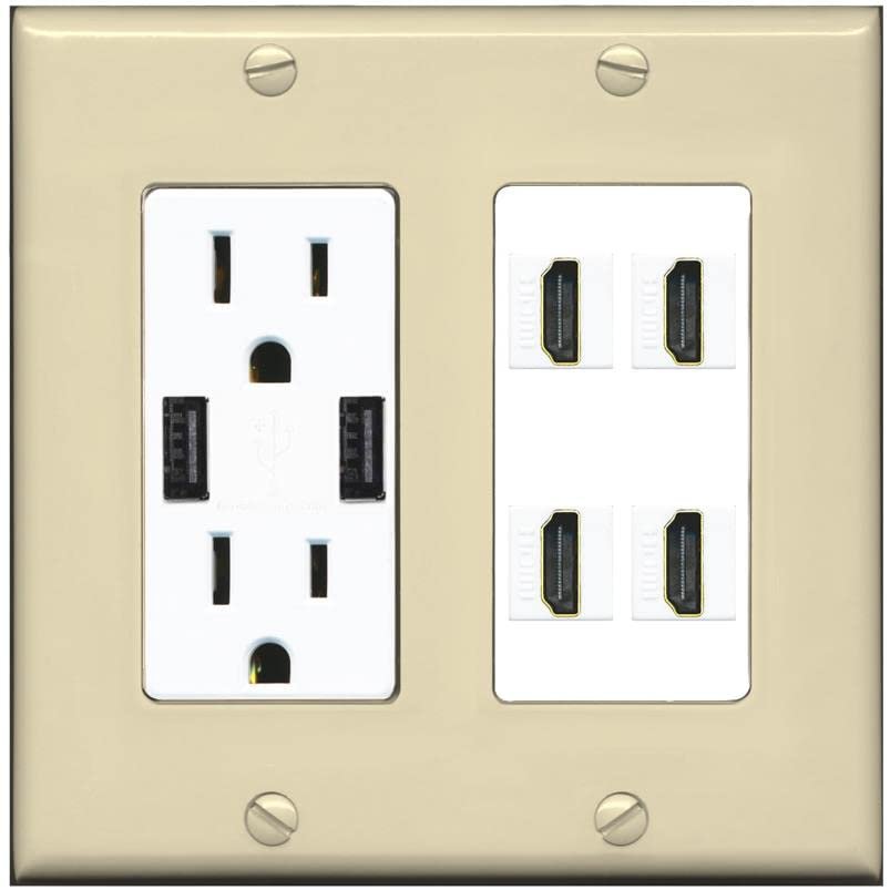 RiteAV 4 Port HDMI Wall Plate - USB Outlet [Ivory/White]