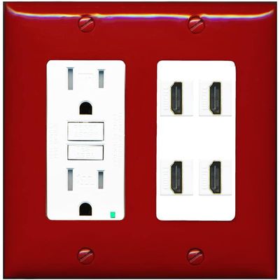 RiteAV 4 Port HDMI Wall Plate - GFCI Outlet [Red/White]