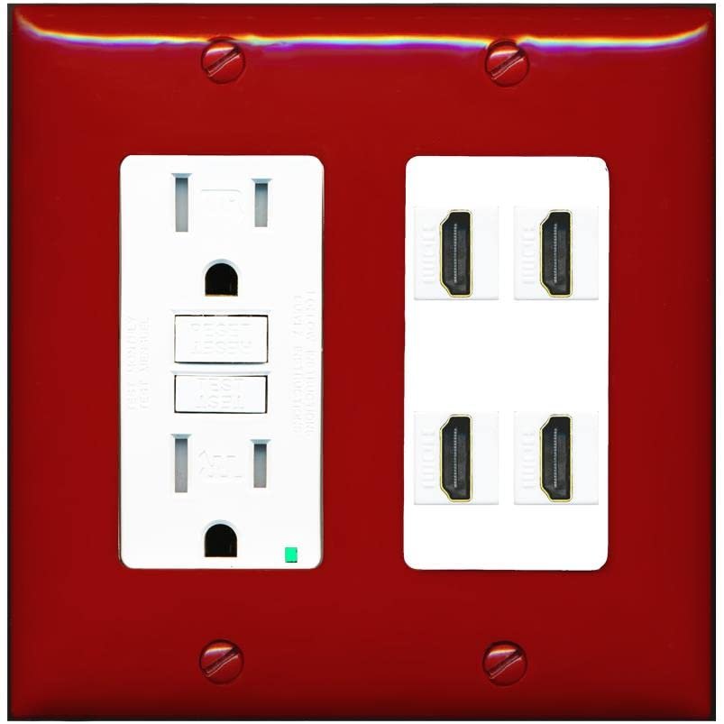 RiteAV 4 Port HDMI Wall Plate - GFCI Outlet [Red/White]
