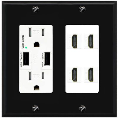 RiteAV 4 Port HDMI Wall Plate - USB Outlet [Black/White]