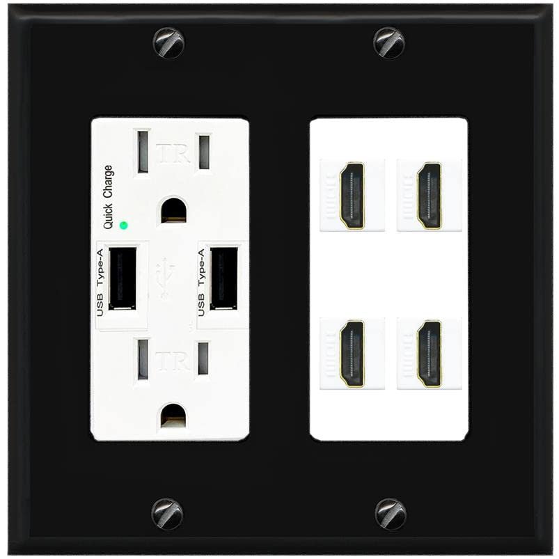 RiteAV 4 Port HDMI Wall Plate - USB Outlet [Black/White]