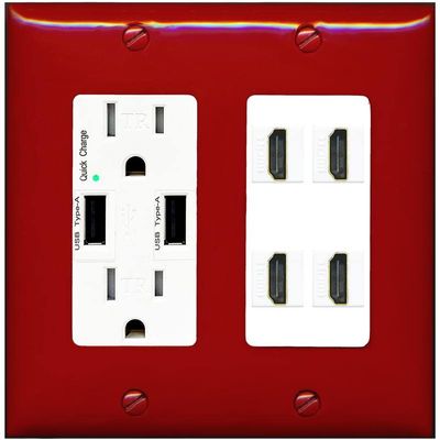 RiteAV 4 Port HDMI Wall Plate - USB Outlet [Red/White]