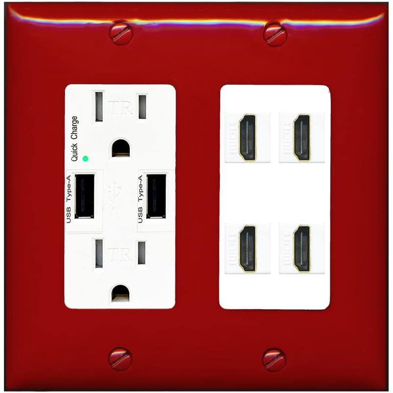 RiteAV 4 Port HDMI Wall Plate - USB Outlet [Red/White]