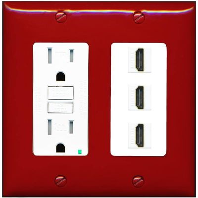 RiteAV 3 Port HDMI Wall Plate - GFCI Outlet [Red/White]