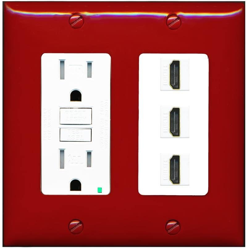RiteAV 3 Port HDMI Wall Plate - GFCI Outlet [Red/White]