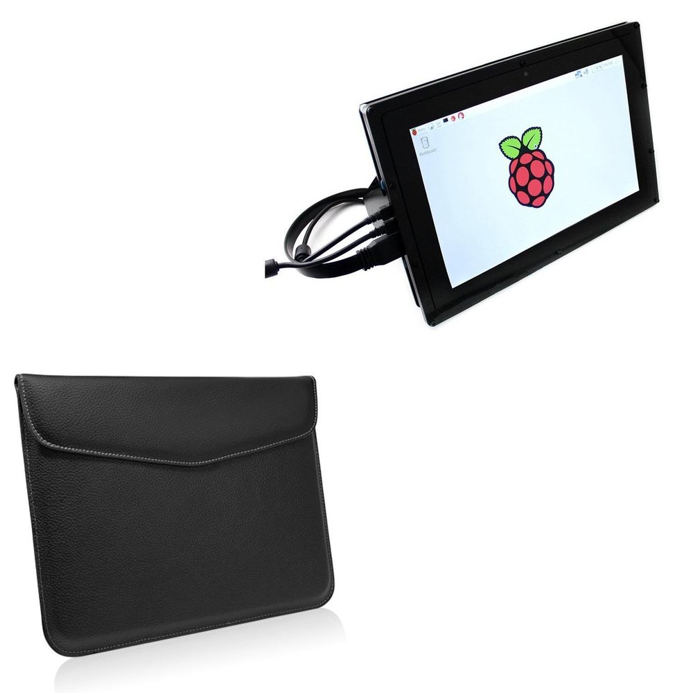 BoxWave Case Compatible with HMTECH Raspberry Pi Screen (10.1 in) - Executive Leather Pouch, Slim Leather Sleeve Cover with Soft Lining - Jet Black