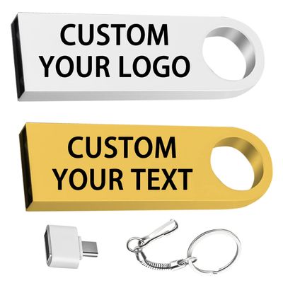 Custom Logo USB 2.0 Flash Drive Bulk Personalized USB Thumb Drive with Keychain and USB C Adapter Engraved Free Metal Pen Drive - as Promotional Gift 50 Pack Wholesale(256MB,25PCS Silver+25PCS Gold)