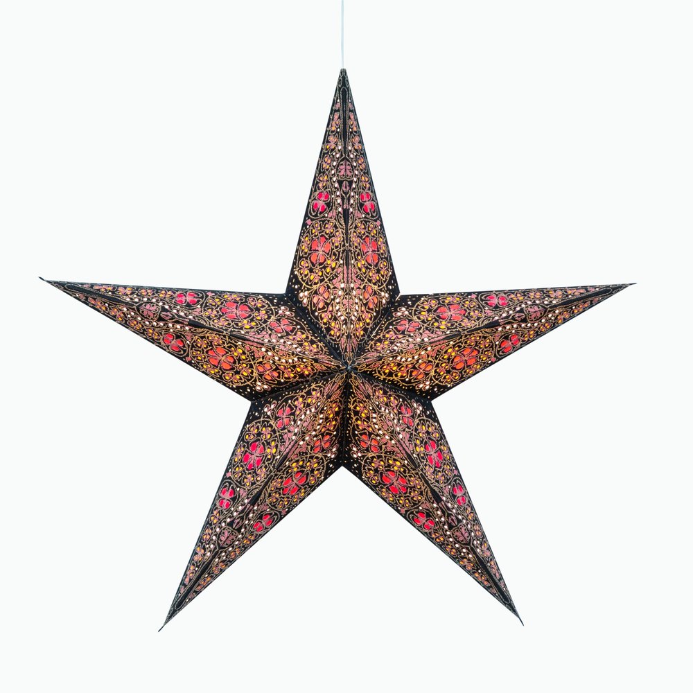 Artschatz Cathedral Paper Lantern Star Light - 5 Point  24 inch - Black/Pink with red/Orange Tissue Inlay