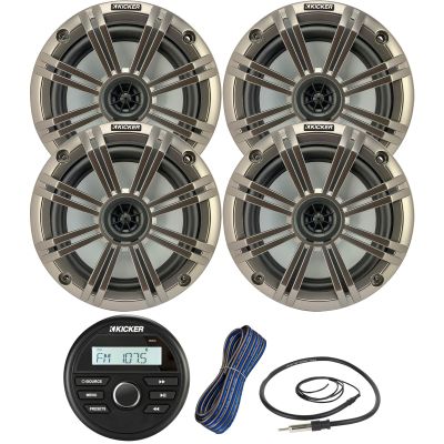 Kicker All-Weather Marine Gauge Style Bluetooth USB Stereo Receiver Bundle Combo with 2 Pair (Qty 4) 6.5" 2-Way 195W Max Coaxial Marine Speakers w/Silver Grilles, 50-Ft 16-Gauge Wire, 22" Antenna