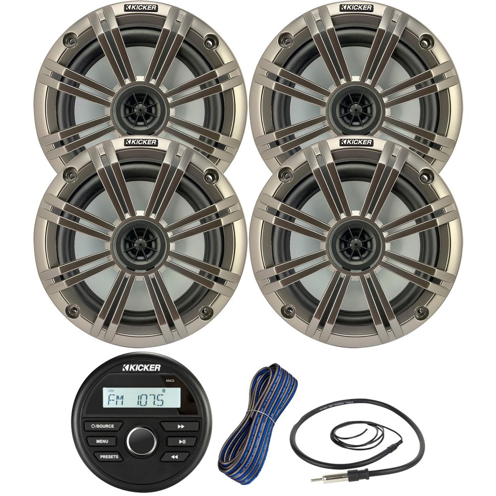 Kicker All-Weather Marine Gauge Style Bluetooth USB Stereo Receiver Bundle Combo with 2 Pair (Qty 4) 6.5" 2-Way 195W Max Coaxial Marine Speakers w/Silver Grilles, 50-Ft 16-Gauge Wire, 22" Antenna