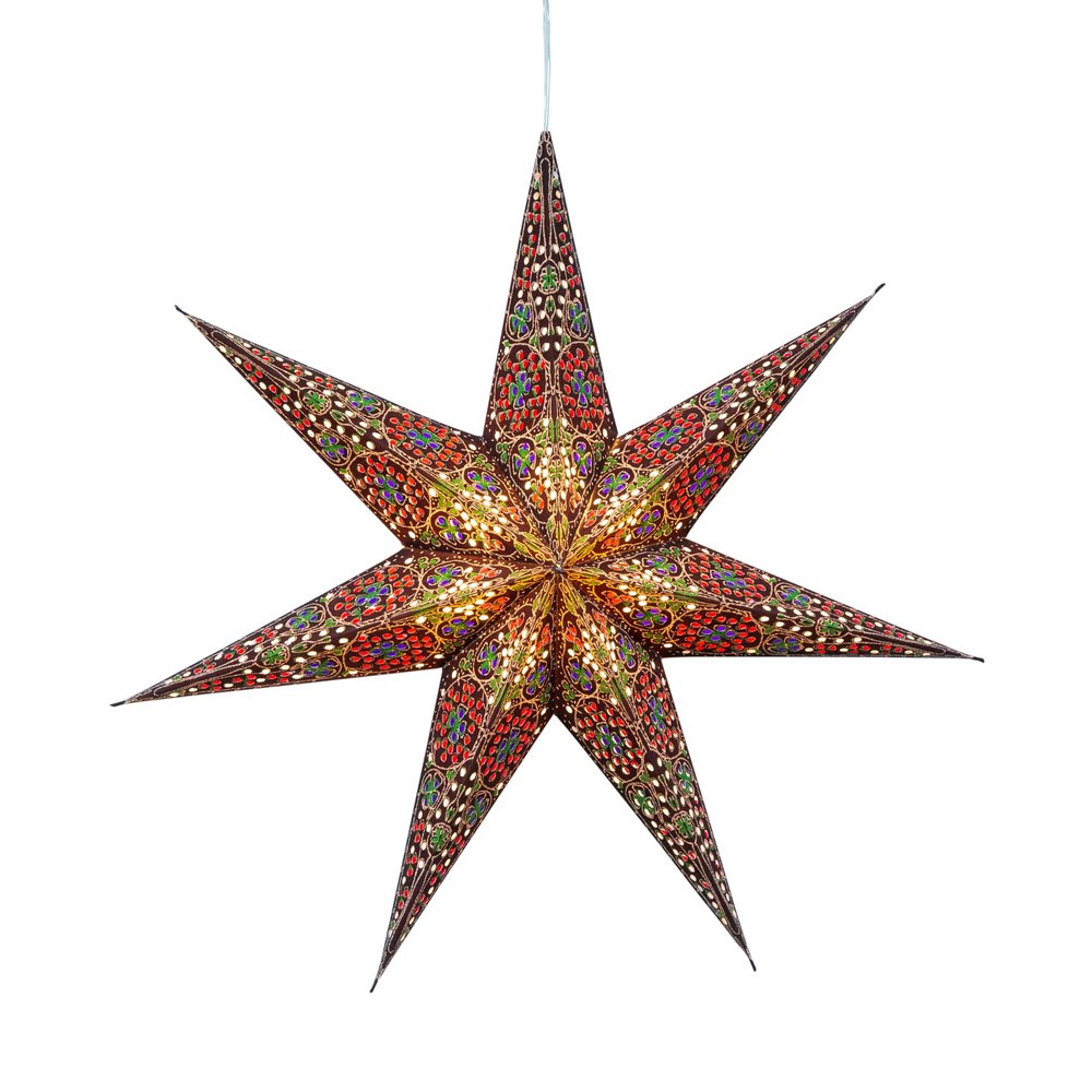 Artschatz Cathedral Paper Lantern Star Light - 7 Point 16 inch - Brown/Green with red/Blue Tissue Inlay