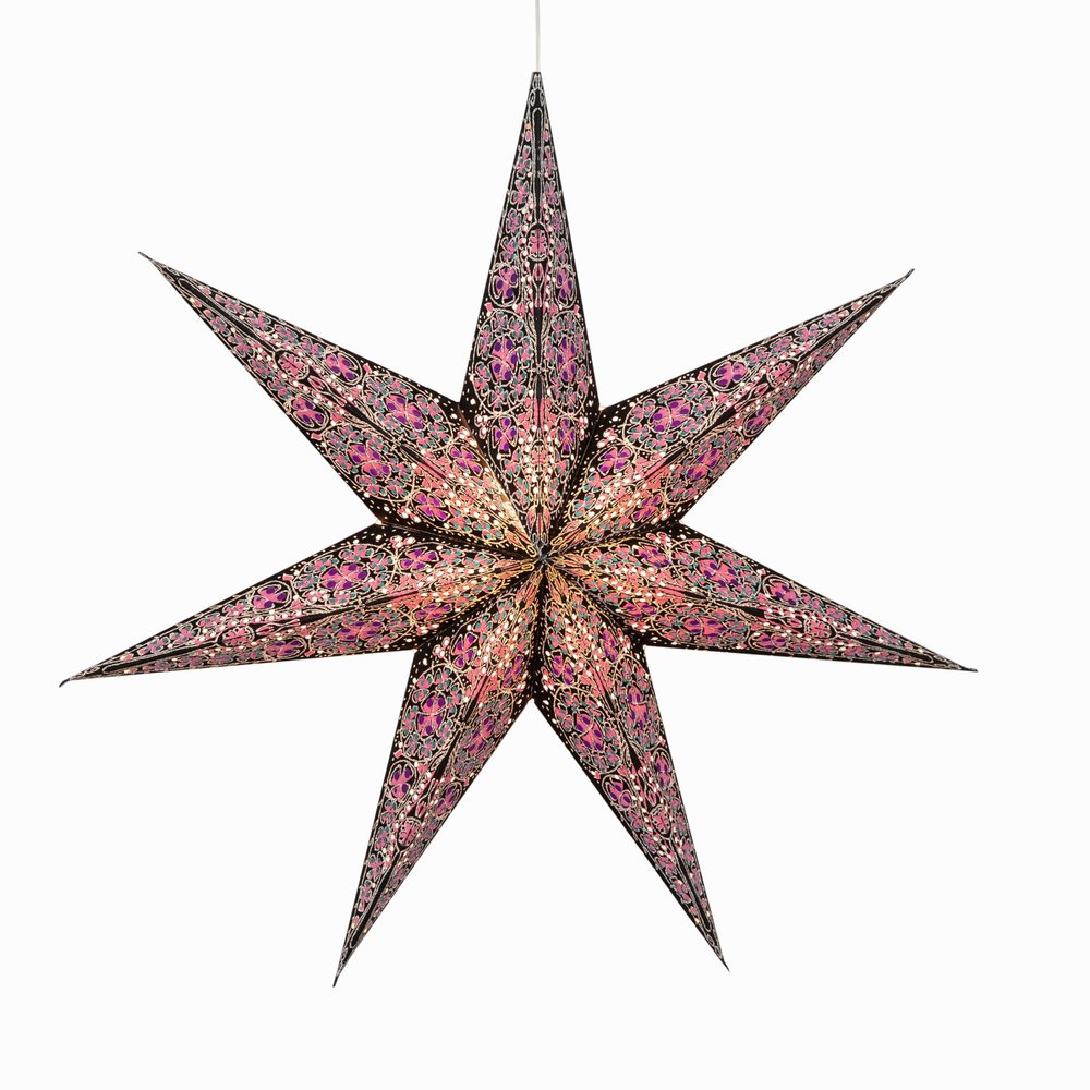 Artschatz Cathedral Paper Lantern Star Light - 7 Point  24 inch - Black/Pink with Violet/Turquoise Tissue Inlay