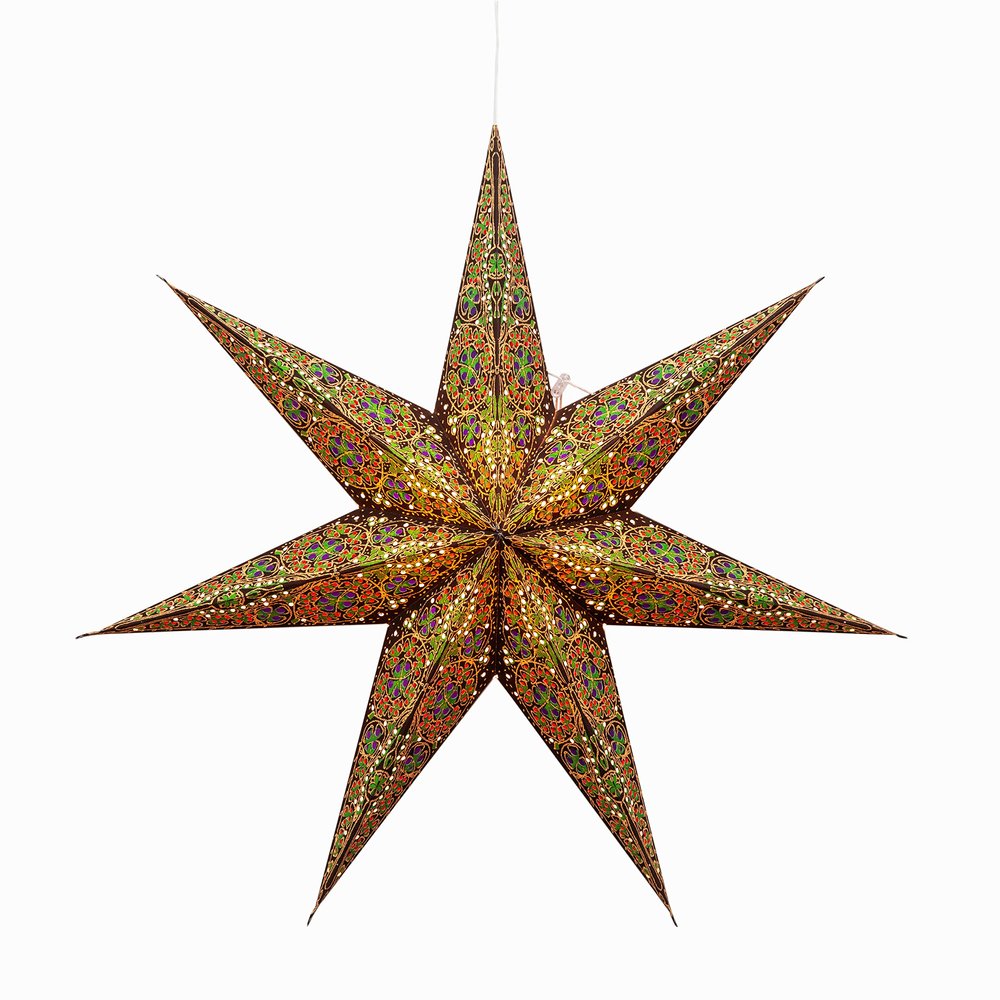Artschatz Cathedral Paper Lantern Star Light - 7 Point  24 inch - Brown/Green with red/Blue Tissue Inlay