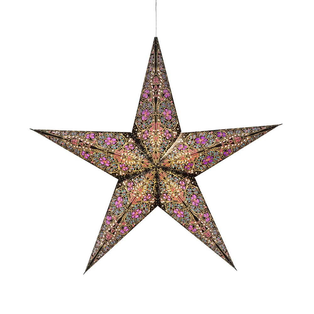 Artschatz Cathedral Paper Lantern Star Light - 5 Point  24 inch - Black/Pink with Turquoise/Violet Tissue Inlay