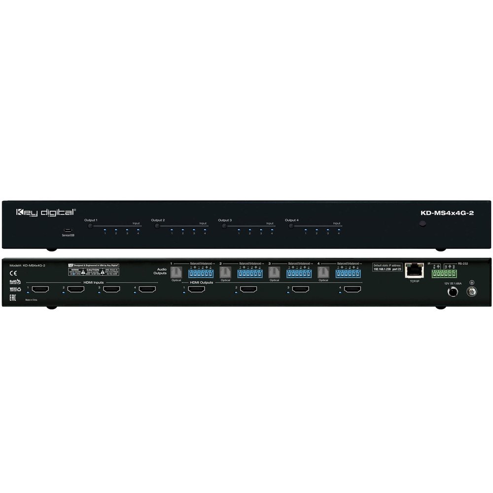 Key Digital KD-MS4x4G-2: 4 Input 4 Output HDMI Matrix Switch, with 4K 18Gbps bandwidth, HDR, HDCP 2.2, HDR, Web UI, view any of the 4 connected HDMI sources on the 4 displays at any time and in any combination