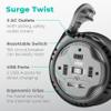 KMC 3-Outlet Surge Twist Cord Reel, 2 USB Ports, Retractable Power Strip Surge Protector, 735J Surge Protection, 5ft Retractable Extension Cord, 3-Prong Low-Profile Flat Plug, UL/ETL Certified, Gray view 2