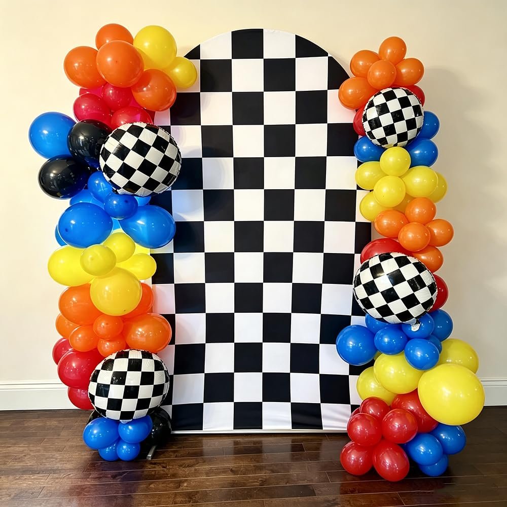 Iydamc Black and White Racing Checker Texture Arch Backdrop Covers,Checkered Flag Arched Stretchy Supplies for Baby Shower Birthday Party Decorations,Arch Props NO-363-2.5x6ft