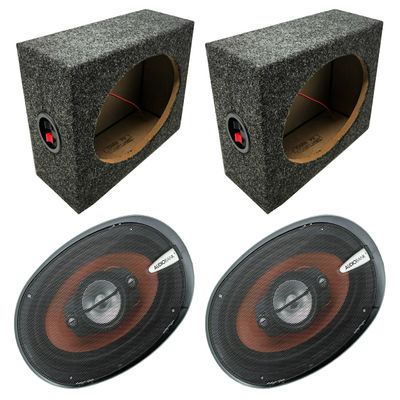 Audiobank AB790 6x9 1000 W 4-Way Car Audio Stereo Coaxial Speakers Pair & Angled Style 6x9 Speaker Boxes Pair