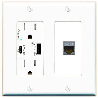 RiteAV 1 Port Cat7 Shielded Ethernet Wall Plate - USB A+C Charger Outlet [White/White]