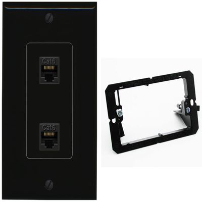 RiteAV 2 Port Cat6 Ethernet Wall Plate - 1 Gang w-Bracket [Black/Black]