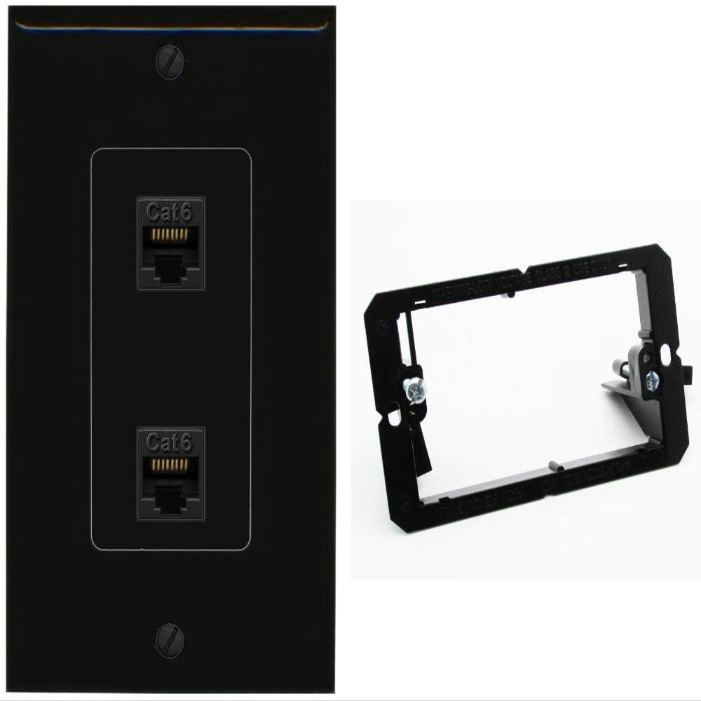 RiteAV 2 Port Cat6 Ethernet Wall Plate - 1 Gang w-Bracket [Black/Black]