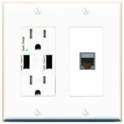 RiteAV 1 Port Cat7 Shielded Ethernet Wall Plate - USB Charger [White/White]