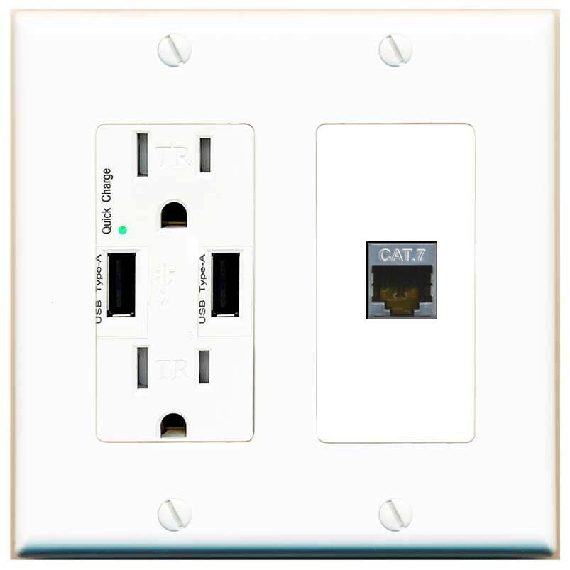 RiteAV 1 Port Cat7 Shielded Ethernet Wall Plate - USB Charger [White/White]