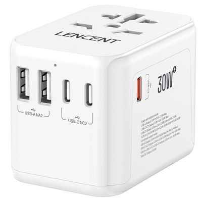 LENCENT Universal Travel Adapter, GaN III 30W International Charger with 2 USB&3 Type-C PD Fast Charging Ports, Worldwide Plug Adaptor for iPhone, Laptops, Type A/C/G/I (USA/UK/EU/AUS), White