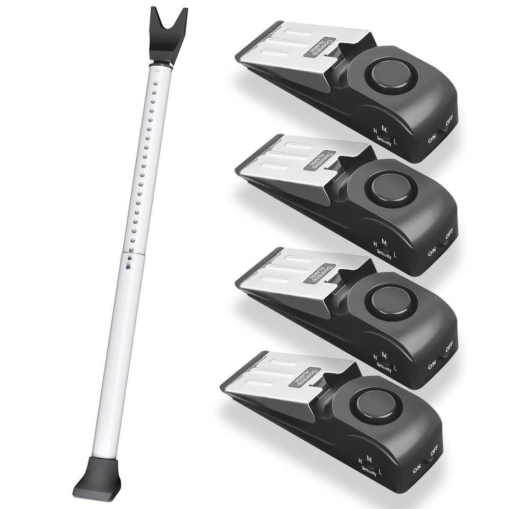AceMining 4 Pack Black Door Stop Alarm & White Sliding Door Security Bar