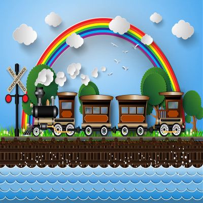 BELECO 15x10ft Fabric Cartoon Train Backdrops for Photography Railroad Steam Train Backdrop Blue Sky Rainbow Clouds Trees Flower Ocean Waves View Train Background Kids Birthday Party Decor Photo Props
