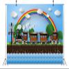 BELECO 15x10ft Fabric Cartoon Train Backdrops for Photography Railroad Steam Train Backdrop Blue Sky Rainbow Clouds Trees Flower Ocean Waves View Train Background Kids Birthday Party Decor Photo Props view 2