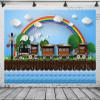 BELECO 15x10ft Fabric Cartoon Train Backdrops for Photography Railroad Steam Train Backdrop Blue Sky Rainbow Clouds Trees Flower Ocean Waves View Train Background Kids Birthday Party Decor Photo Props view 3