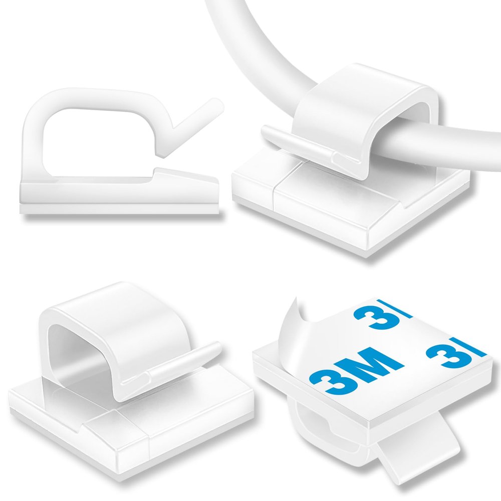 100Pcs Cable Clips, Adhesive Cable Organizer Cord Holder Wire Clip Wire Management Self Adhesive Hooks Wire Holder for Office, Home(White, 100PCS)
