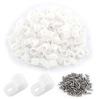 Eilumduo 100 Pack R-Type White Wire Clamp, 3/8 Inch Nylon Clip Cable Fastener Wire Clamp with 100 Pack Screws for Wire Management