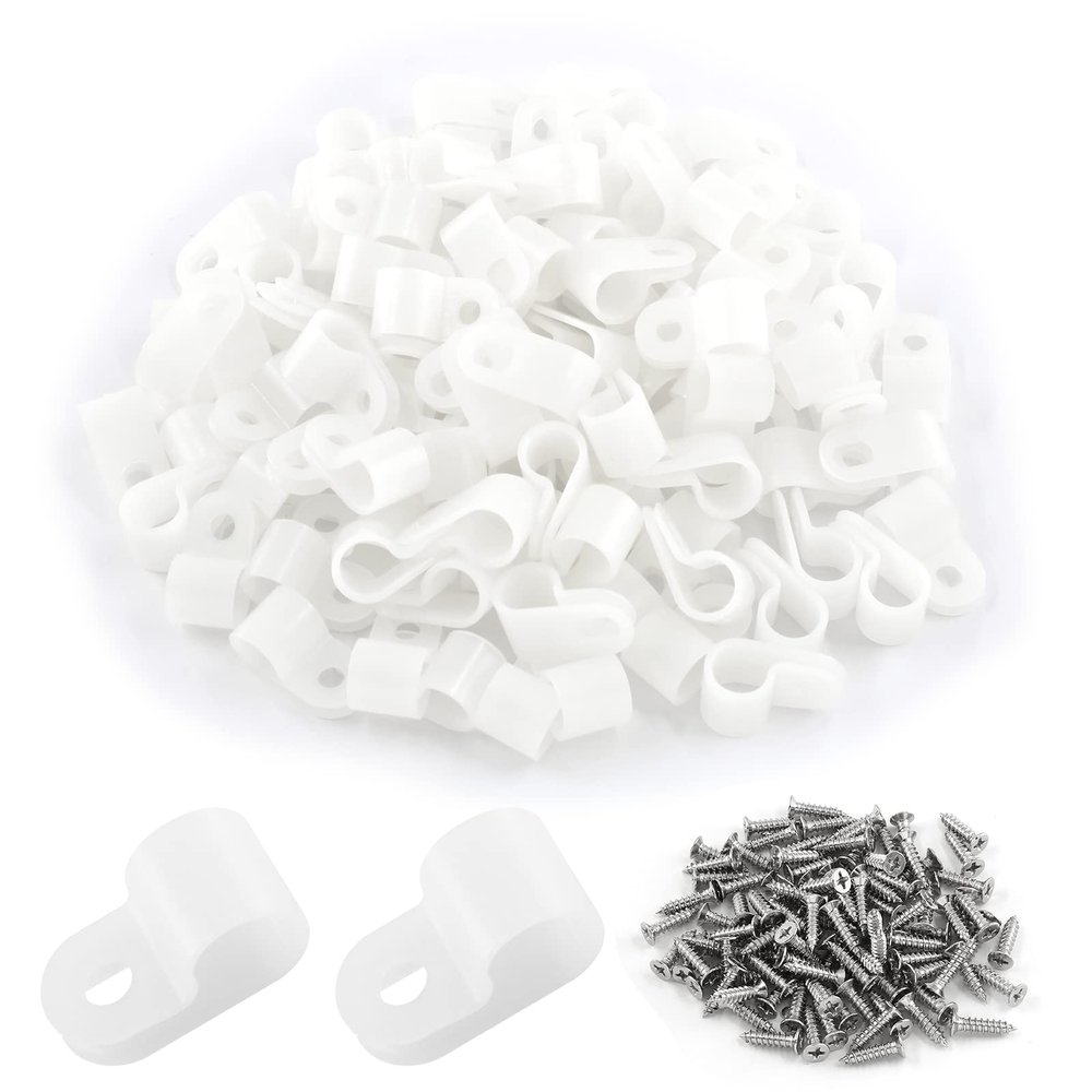 Eilumduo 100 Pack R-Type White Wire Clamp, 3/8 Inch Nylon Clip Cable Fastener Wire Clamp with 100 Pack Screws for Wire Management