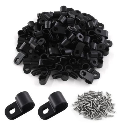 Eilumduo 100 Pack R-Type Cable Fastener Wire Clamp, 5/16 Inch Black Nylon Screw Mounting Cord Fastener Clips for Cable Management,Cord Organizer and Cord Holder