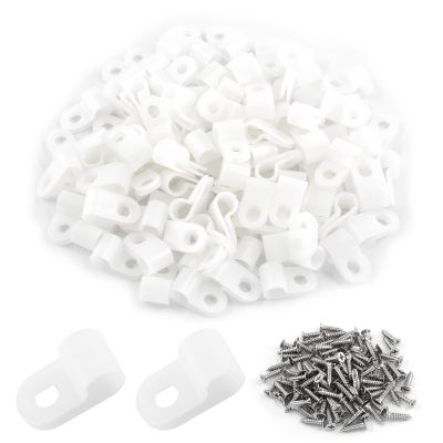 Eilumduo 100 Pack R-Type White Wire Clamp, 1/4 Inch Nylon Clip Cable Fastener Wire Clamp with 100 Pack Screws for Wire Management