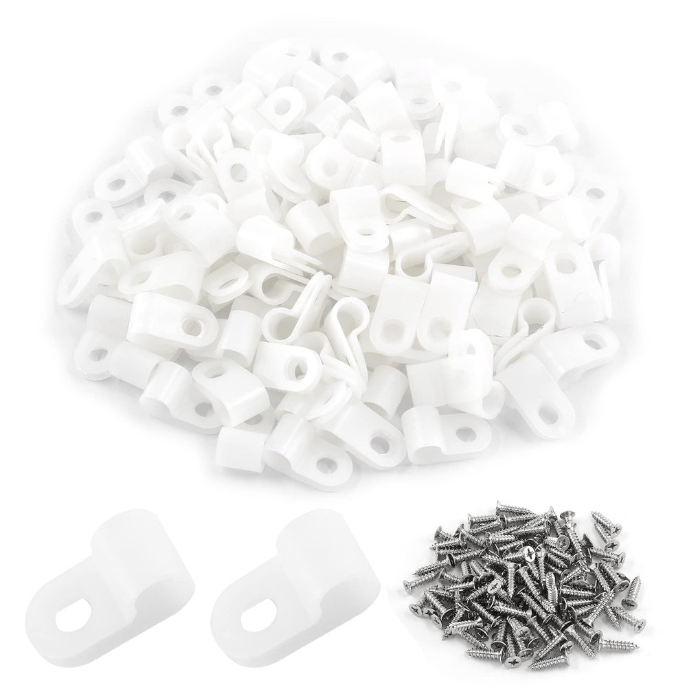 Eilumduo 100 Pack R-Type White Wire Clamp, 1/4 Inch Nylon Clip Cable Fastener Wire Clamp with 100 Pack Screws for Wire Management