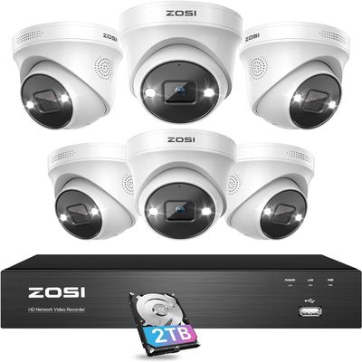 ZOSI 4K Spotlight PoE Home Security Camera System with 2TB HDD,8-Port 16CH 8MP NVR,6pcs 5MP Wired Outdoor PoE IP Cameras,Person Vehicle Detection,2-Way Audio,Color Night Vision,for 24-7 Recording